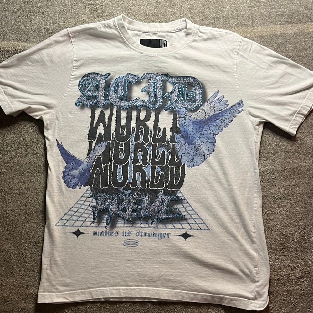 Preme Acid World World World Graphic T-Shirt White Blue Rhinestone Mens Large